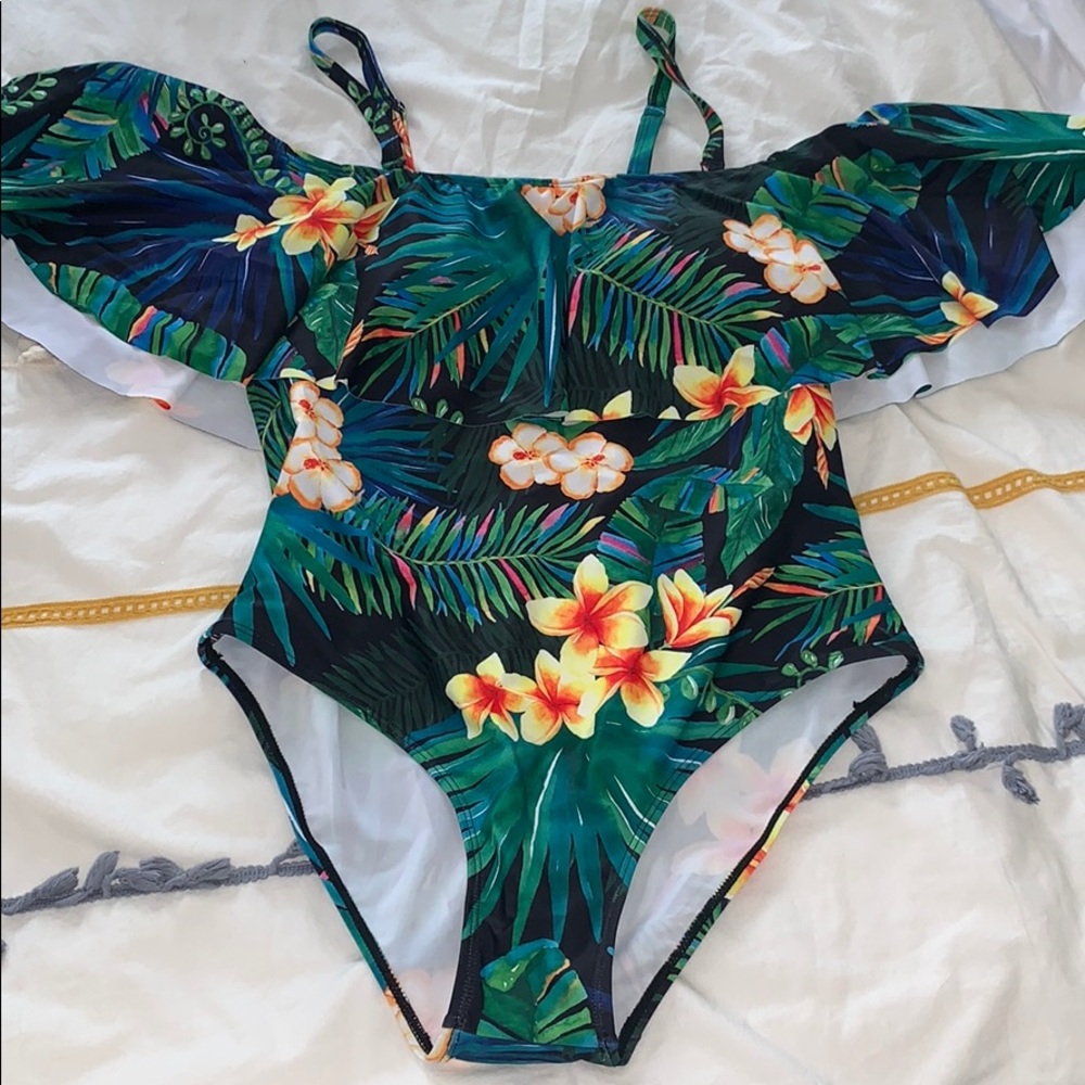 One piece swim suit Tropical Flowers NEW Large
